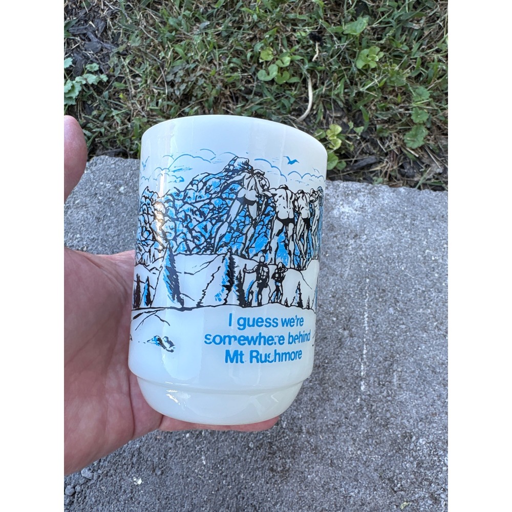 Vintage Fire King Milk Glass Mug Mt Rushmore Hiker Humorous Anchor Hocking USA